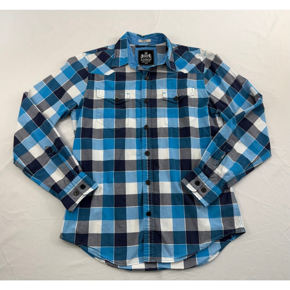 Express 2010s Blue Plaid Fitted Button Down Shirt Men’s Size Medium